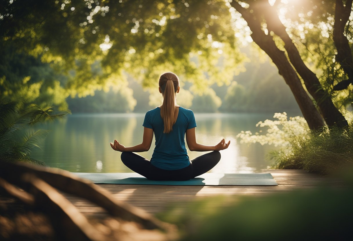 A serene setting with a person doing yoga for stress and anxiety, surrounded by calming elements like nature, soft lighting, and tranquil colors