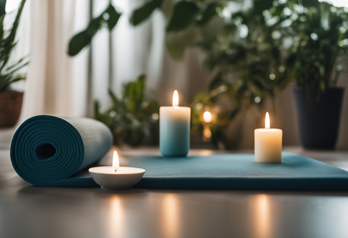 A serene setting with a yoga mat surrounded by calming elements like candles, plants, and soft lighting, with the suggestion of deep breathing and relaxation