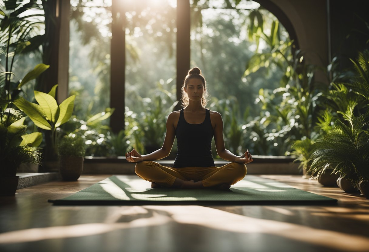 A serene setting with a person practicing yoga poses, surrounded by calming elements like plants and natural light