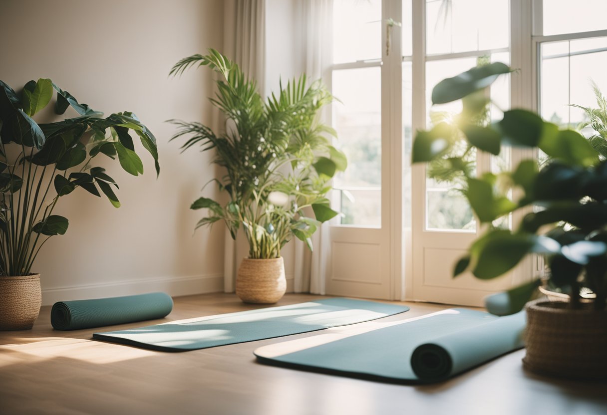 A serene, sunlit room with a soft, pastel color palette, featuring a yoga mat surrounded by plants and calming decor. Gentle music plays in the background, setting the scene for a peaceful yoga practice