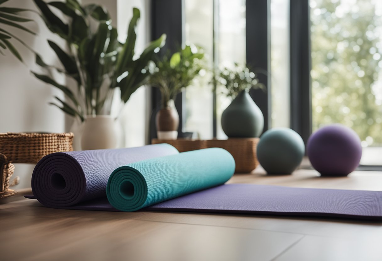 A serene yoga studio with a variety of yoga mats and props arranged for different poses