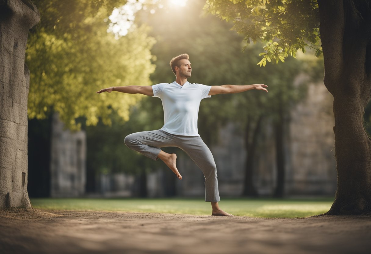 A person stands in tree pose with one foot against a wall for support. The arms are extended out to the sides for balance