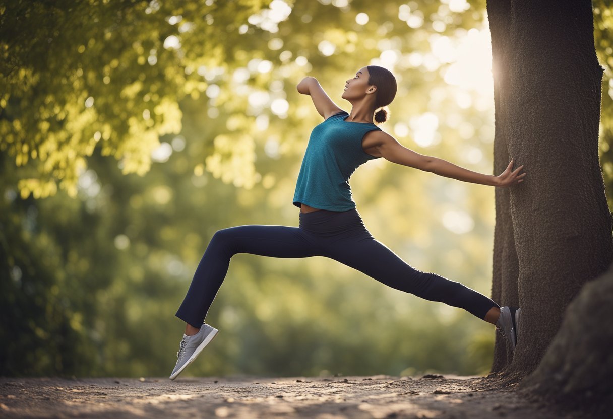 A figure leans against a sturdy wall, one foot pressed against the opposite inner thigh, arms extended upward in a graceful, tree-like pose
